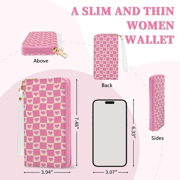 Pink plaid women's RFID blocking wristlet wallet, large capacity, zip around - Picture 2 of 7